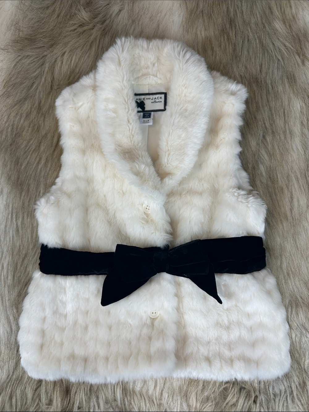 Janie and Jack Girls Ivory Faux Fur Velvet Bow Vest Size 5-6